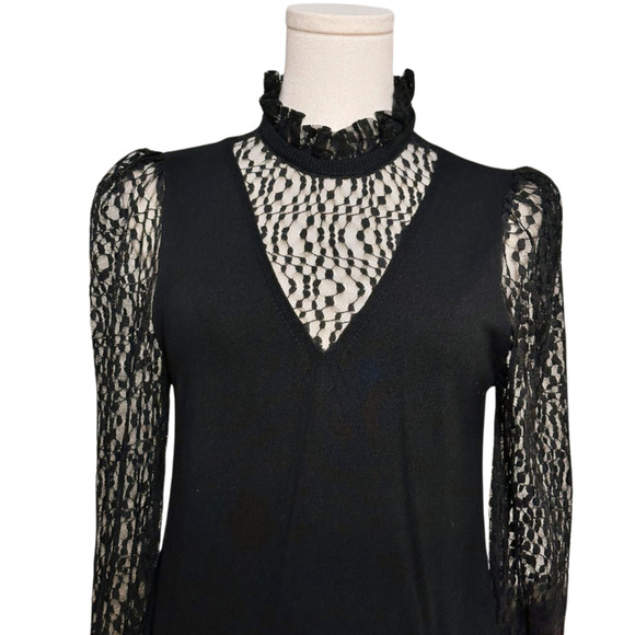 Catherine Malandrino Sheer Black Lace High Ruffle Neck Sweater Large Gothcore - Picture 2 of 9